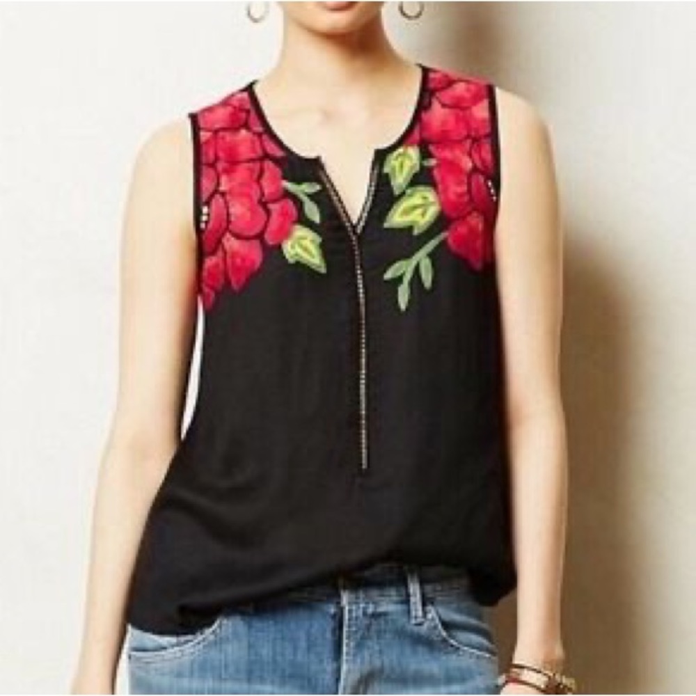 Anthro Floreat Embroidered Sleeveless Split Neck Top - Picture 3 of 8
